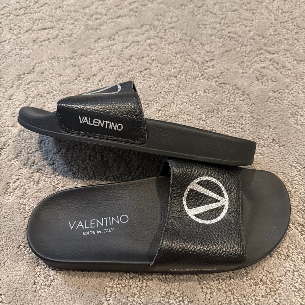 Valentino Black Leather Slides with Logo - Picture 3 of 4